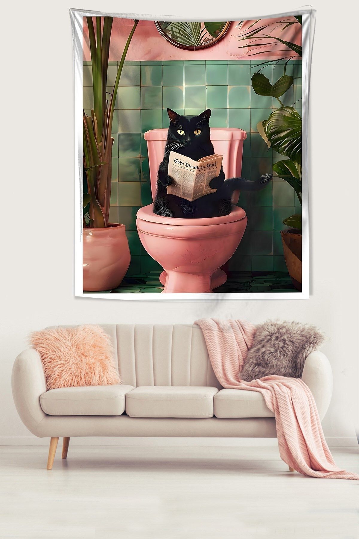 Latibule-Cat Reading Newspaper in the Toilet Stain Resistant Fabric Wall Cloth Wall Carpet Tapestry 3