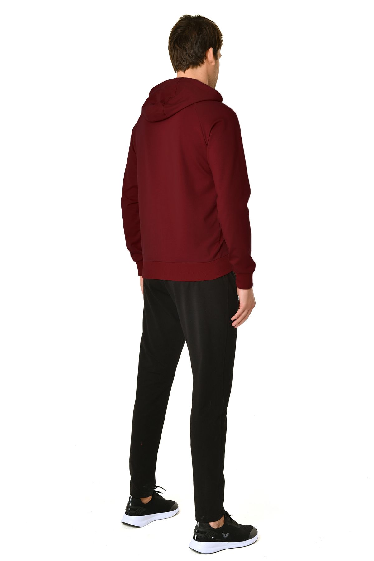 bilcee-Men's Burgundy Hooded Kangaroo Pocket Zippered Sports Casual Bottom Top Tracksuit Set 8241 3