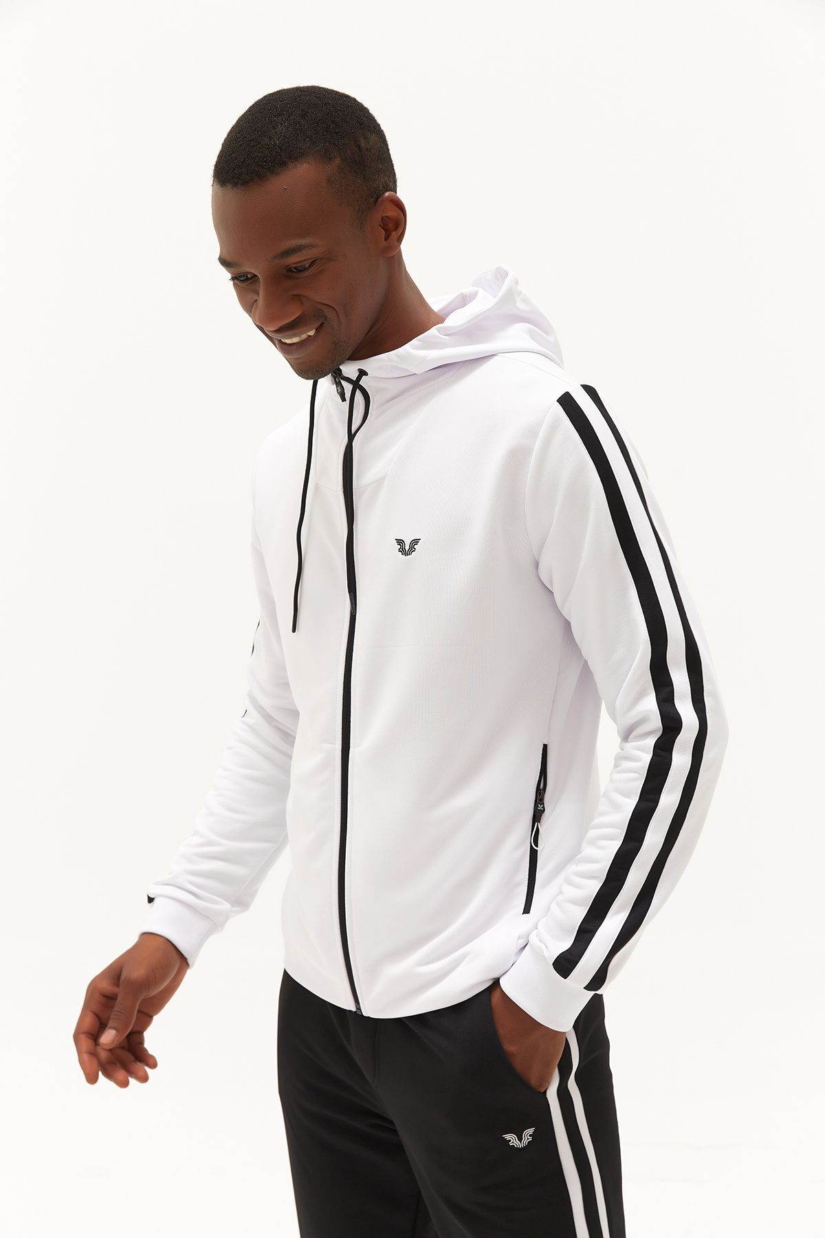 bilcee-White Men's Tracksuit Set - Hooded, Pocketed and Zippered Sports and Daily Use 0755 3