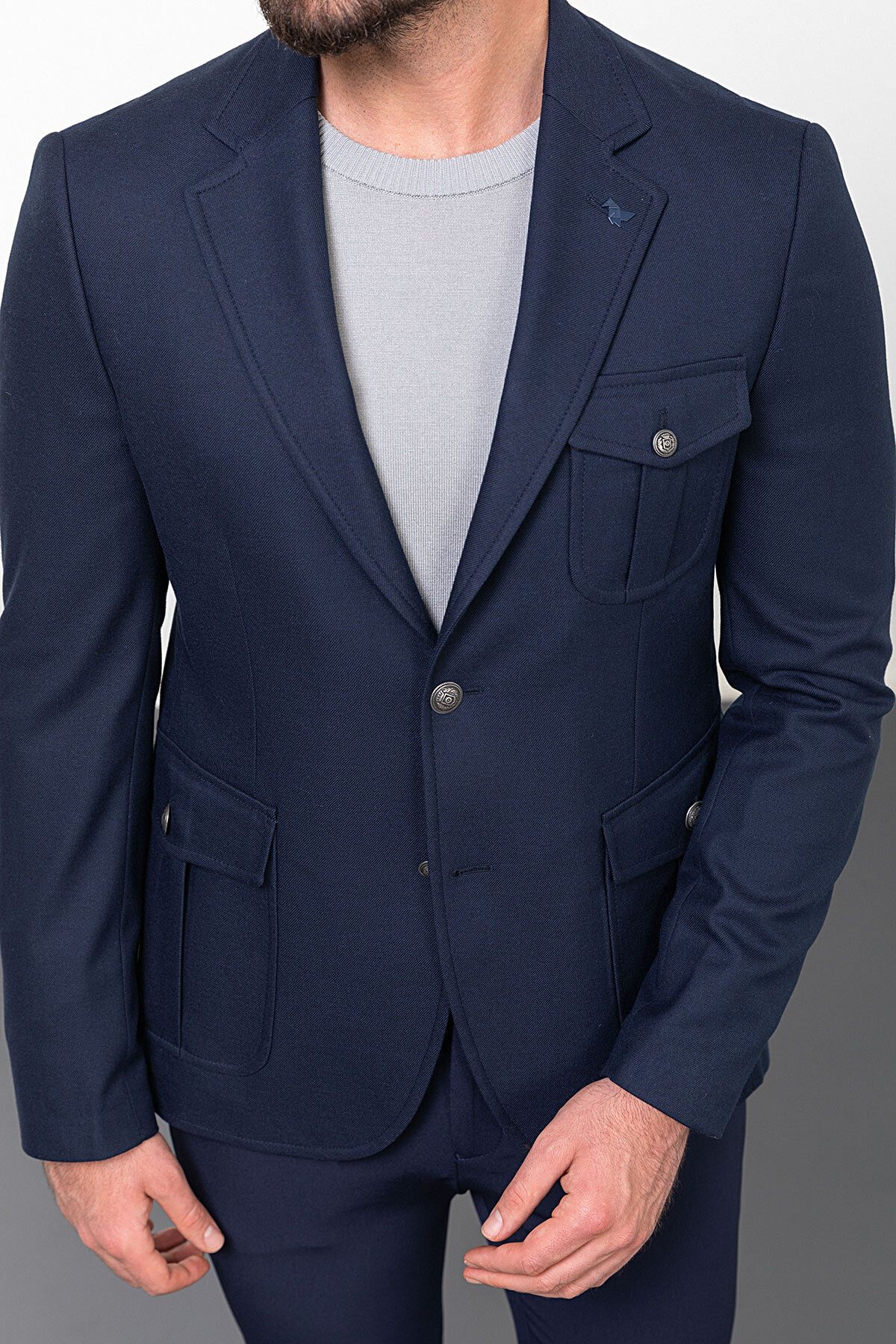 Mcr-Plain Navy Blue Slim Fit Mono Collar Bag Pocket Men's Jacket 7