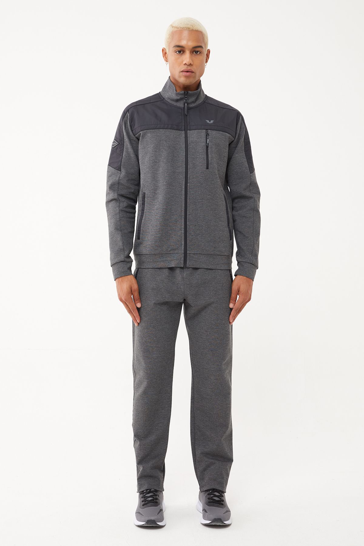 bilcee-Men's Anthracite Zippered and Kangaroo Pocket Stand Collar Raised Tracksuit Top 2012 4