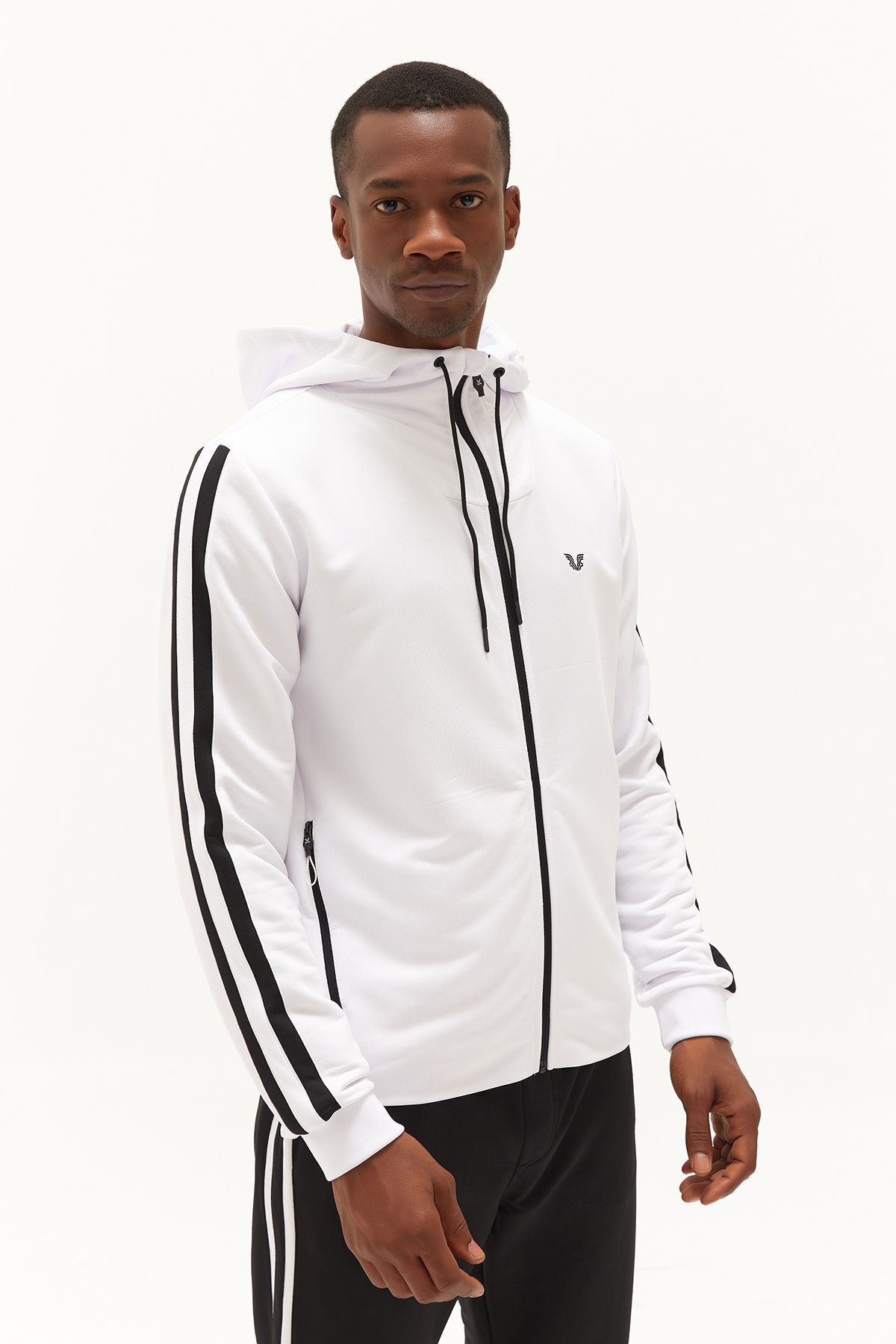 bilcee-White Men's Tracksuit Set - Hooded, Pocketed and Zippered Sports and Daily Use 0755 2