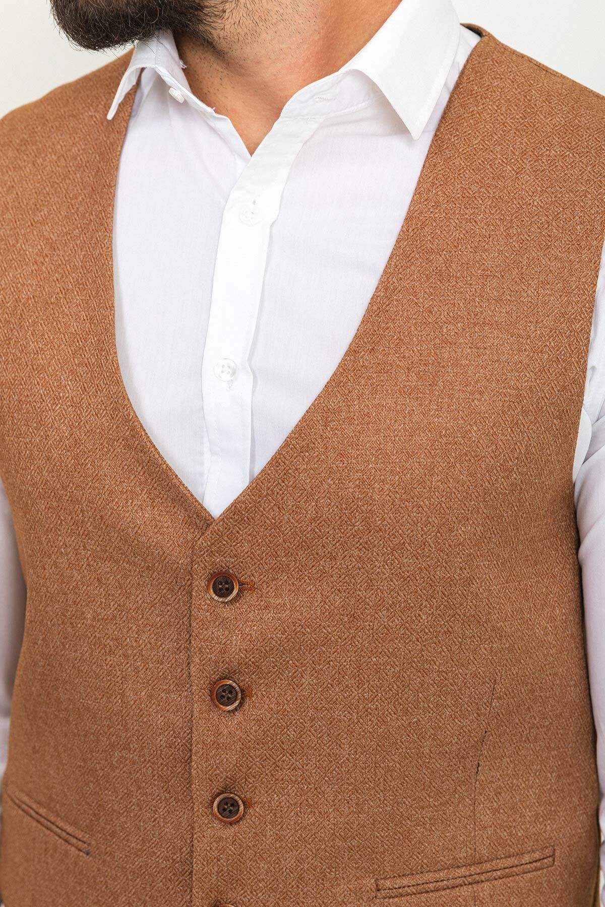 Mcr-Patterned Camel Color Slim Fit Classic Wool Men's Vest 2
