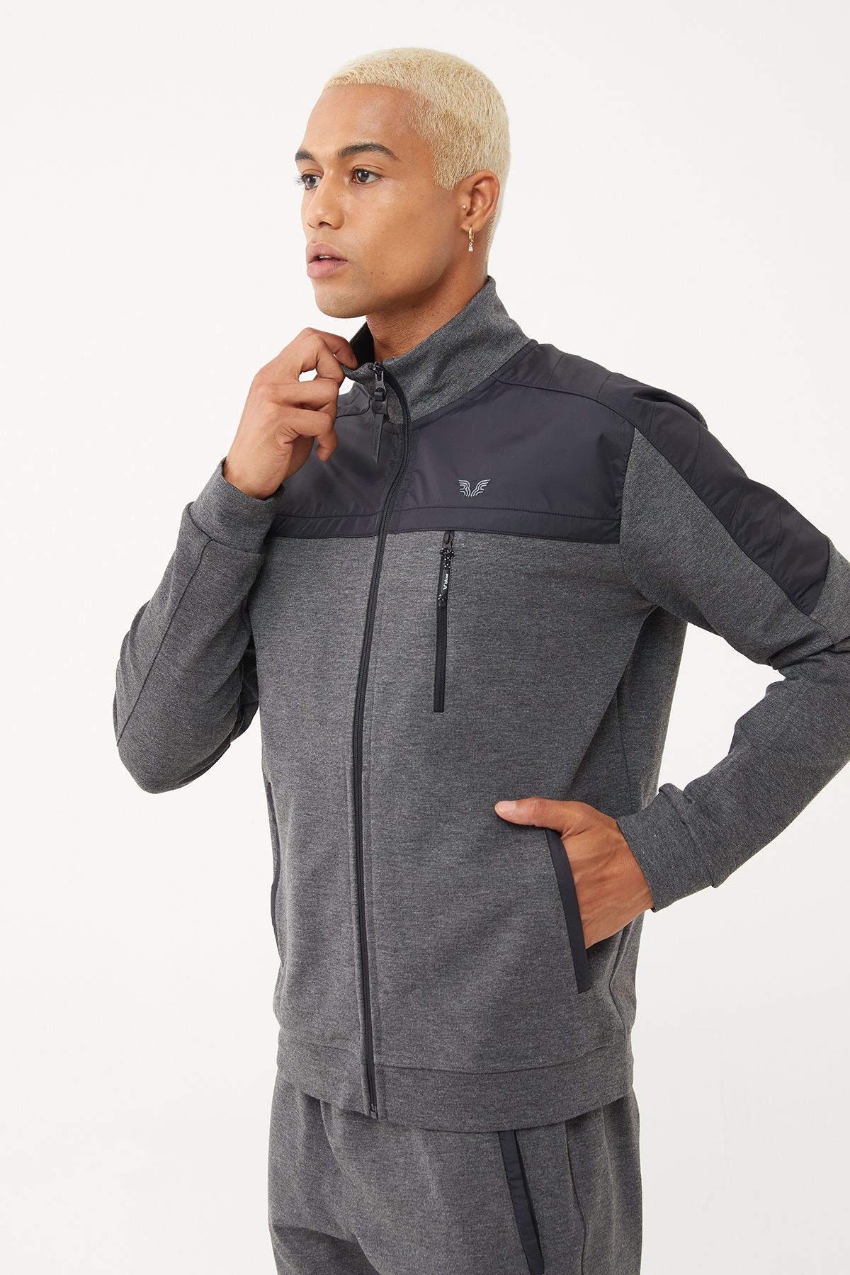 bilcee-Men's Anthracite Zippered and Kangaroo Pocket Stand Collar Raised Tracksuit Top 2012 6