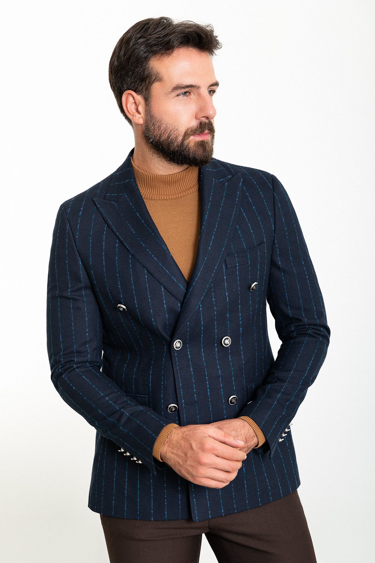 Mcr-Striped Navy Blue Slim Fit Wide Collar Double Breasted Wool Men's Jacket 4