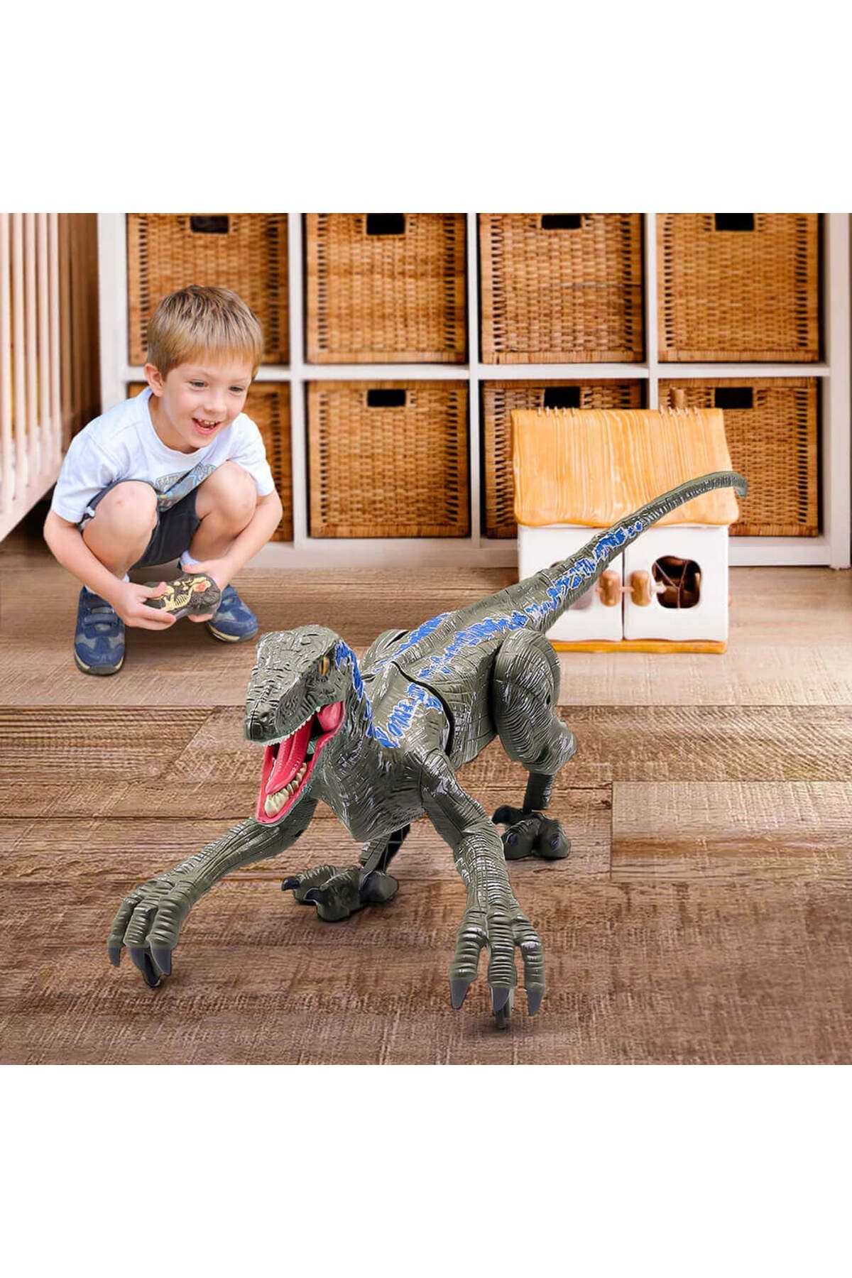 Sesli ve Yürüyen Hareketli Velociraptor Dinozor Gri - 3