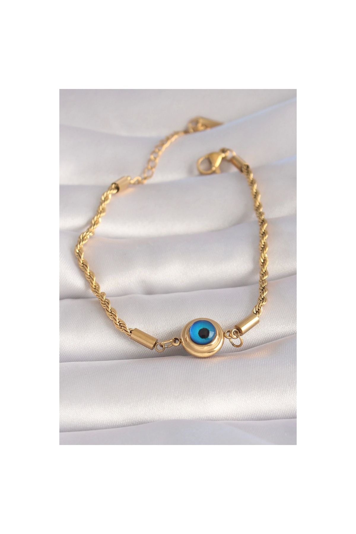 Narnuga 316L Çelik Gold Renk Burgu Zincir Nazar Boncuk Model Kadın Bileklik - TJ-BB5995