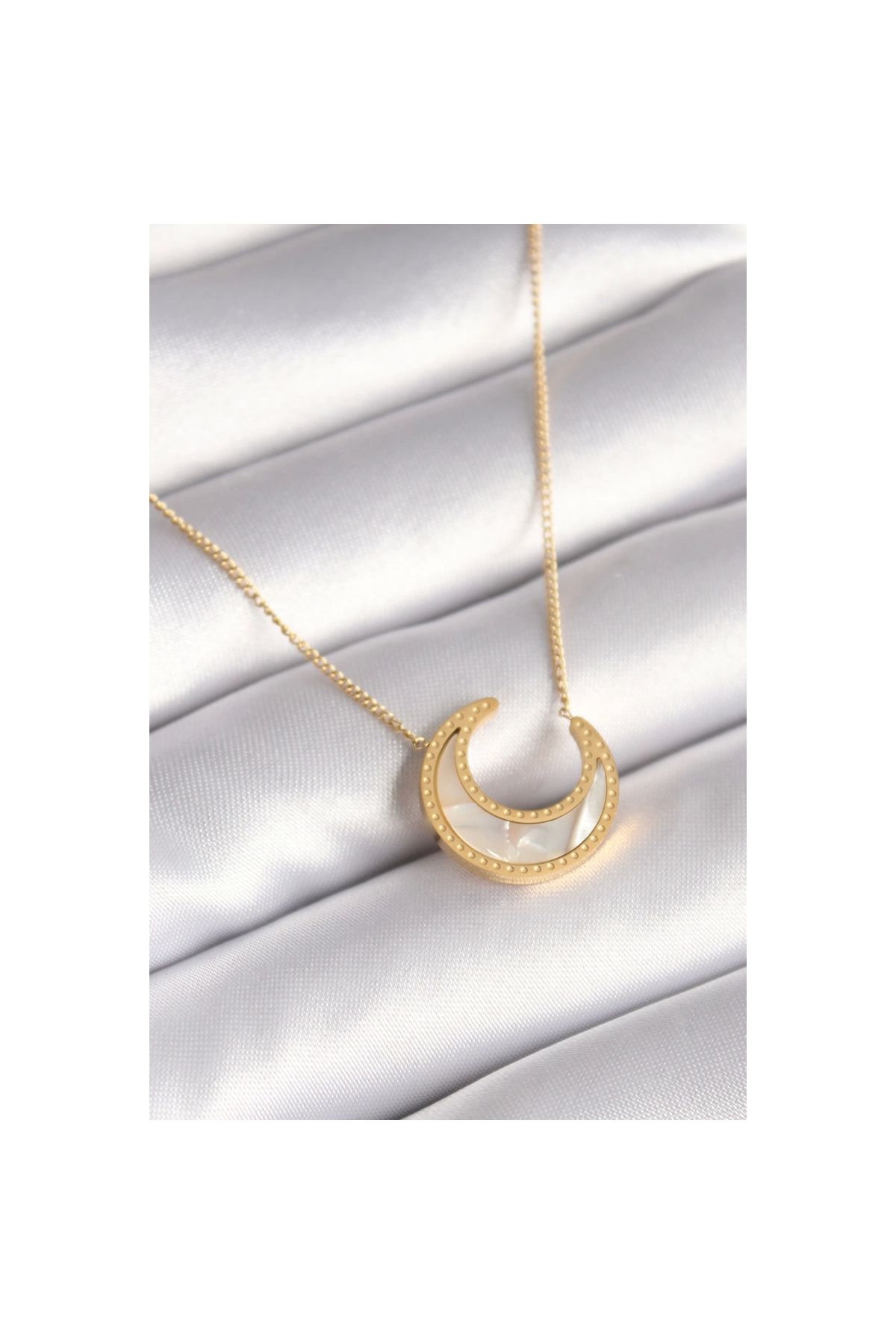 Narnuga 316L Çelik Gold Renk Beyaz Sedefli Hilal Model Kadın Kolye - TJ-BKO8362