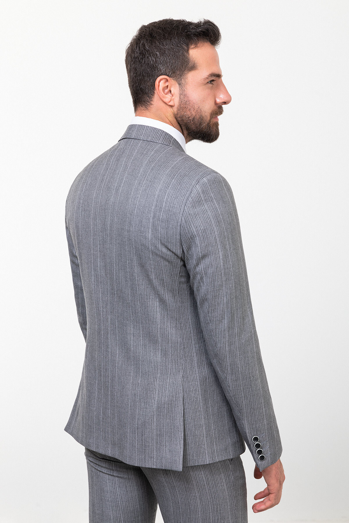 Çizgili Slim Fit Kruvaze Erkek Takım Elbise Gri - 45254.23K — رنگارنگ — تصویر 7 از 8