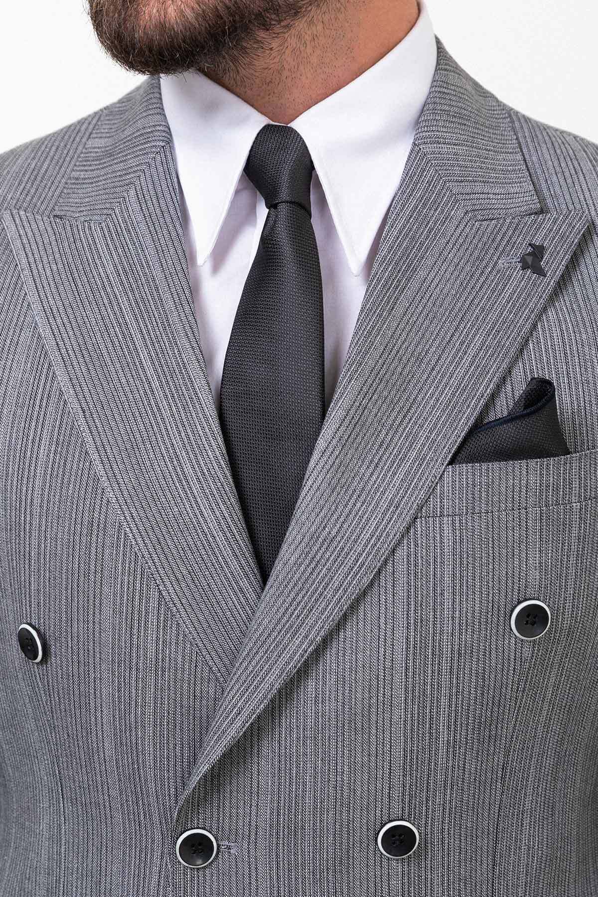 Çizgili Slim Fit Kruvaze Erkek Takım Elbise Gri - 45254.23K — رنگارنگ — تصویر 3 از 8
