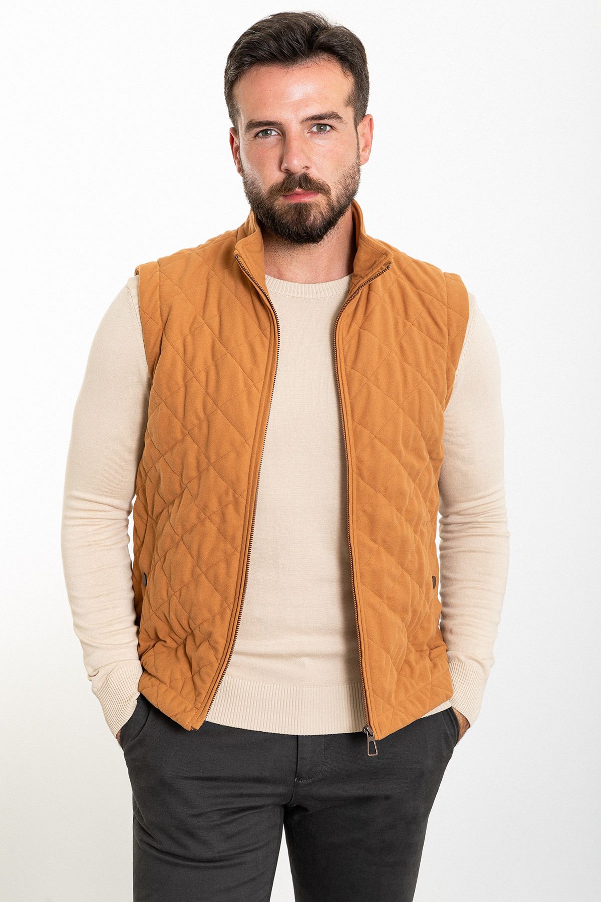 Mcr-Quilted Camel Color Slim Fit Judge Collar Men's Vest 4