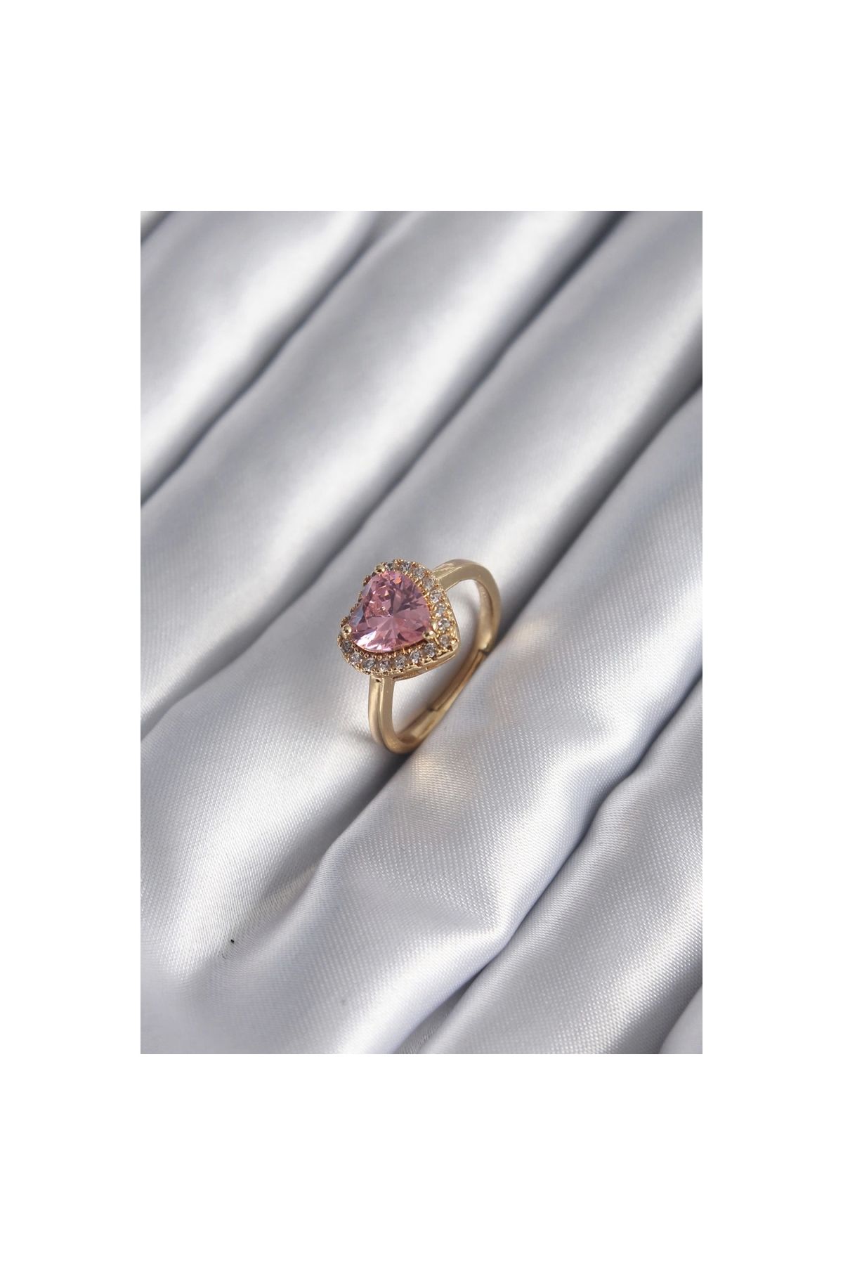 Narnuga Pirinç Gold Renk Pembe Zirkon Taş Kalp Charm Model Kadın Yüzük - TJ-BYK2955