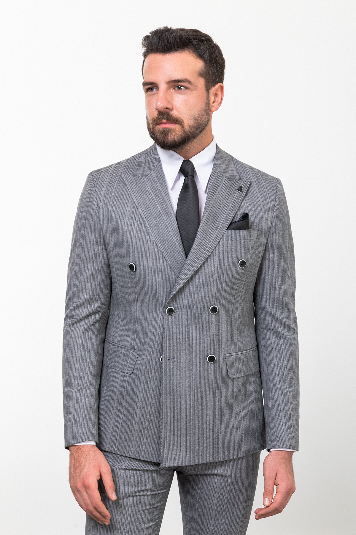 Çizgili Slim Fit Kruvaze Erkek Takım Elbise Gri - 45254.23K — رنگارنگ — تصویر 6 از 8
