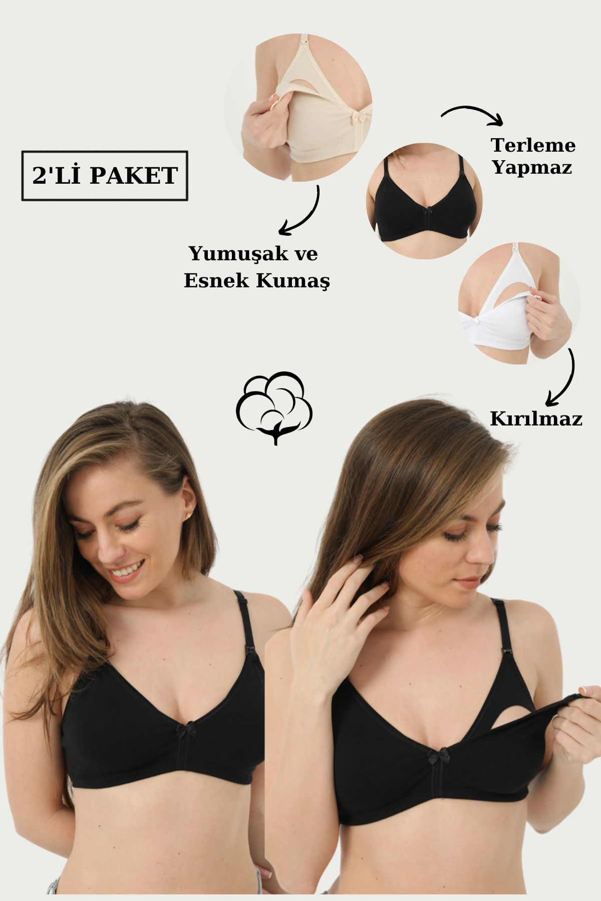 Arma Yıldız 2'li Paket Siyah Emzirme Sütyeni Pamuklu Likralı