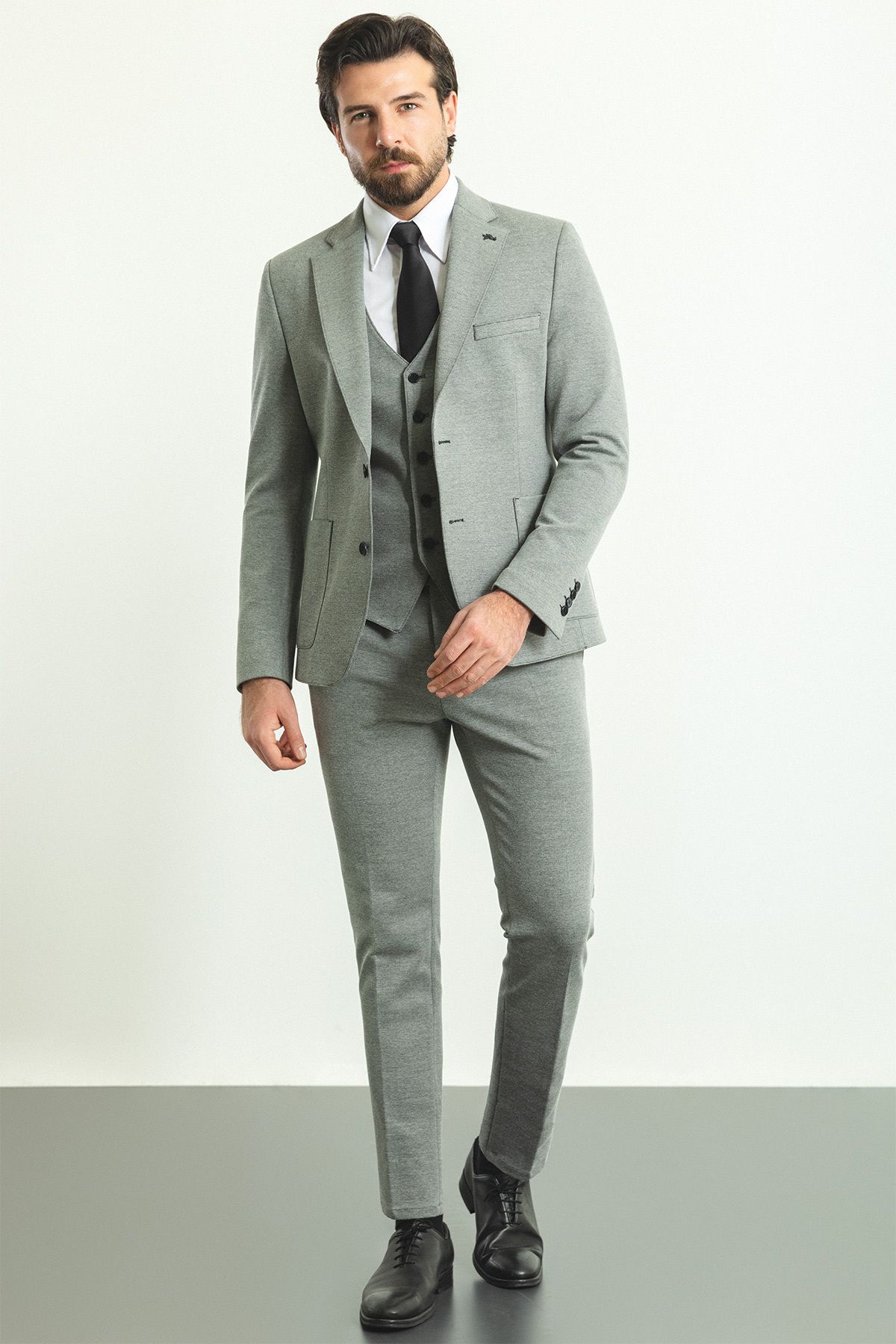 Mcr-Patterned Slim Fit Mono Collar Wool Men's Suit Gray - 45188.22K 3