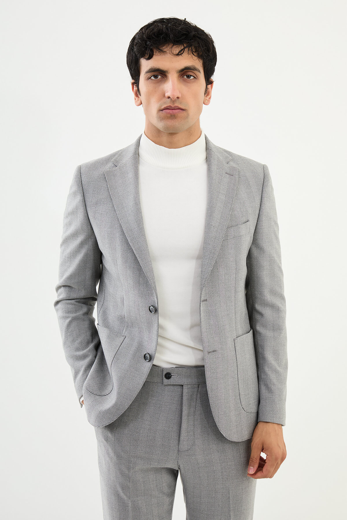 Mcr Patterned Gray Slim Fit Bag Pocket Mono Collar Men's Suit