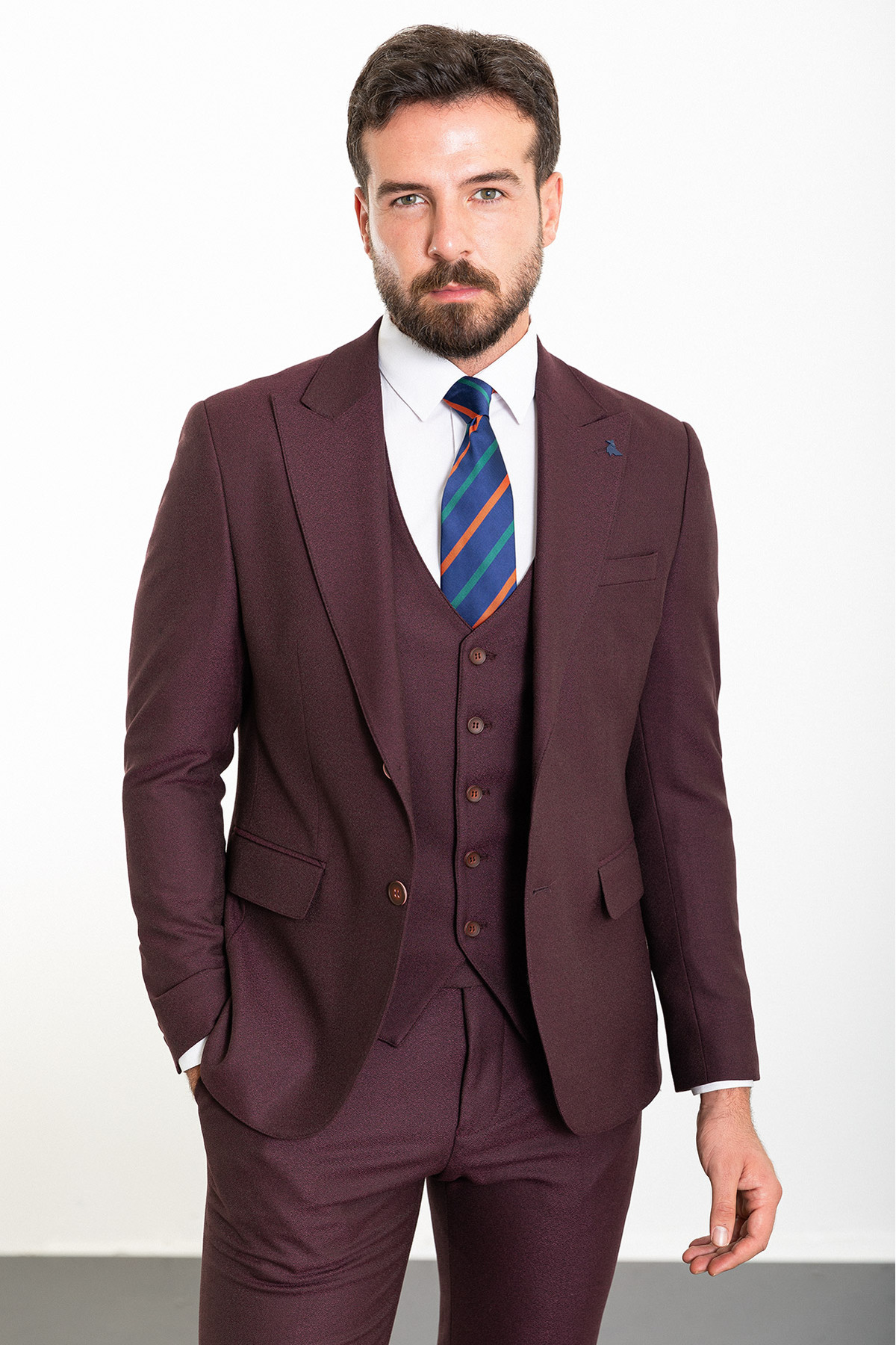 Mcr Straight Slim Fit Wide Collar Wool Classic Men's Suit Burgundy - 45252.23K