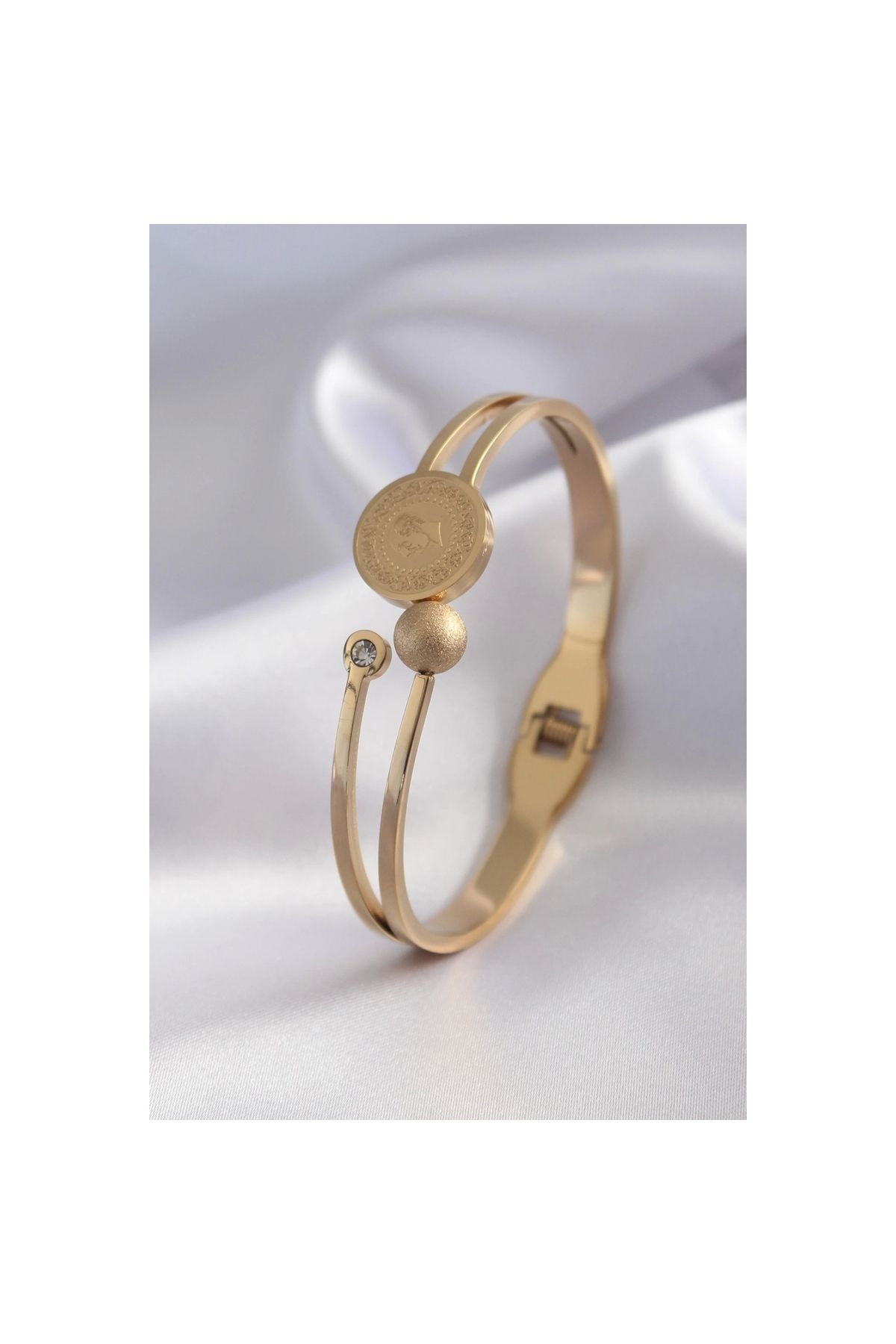 Narnuga 316L Çelik Gold Renk Çeyrk Altın Zirkon Taş Detay Kadın Kelepçe - TJ-BB5152