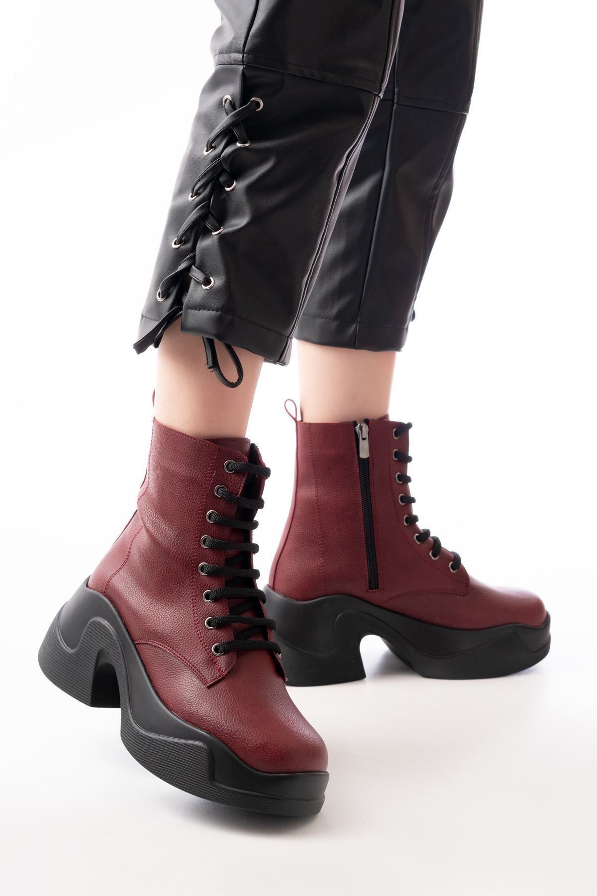 Home-Fz-2550 Claret Red High-Sole Lace-Up Zippered Daily Women's Boots 2