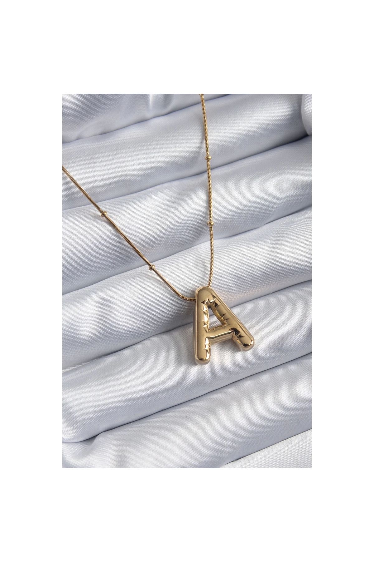 Narnuga 316L Çelik Gold Renk Bubble "A" Harf Model Kadın Kolye - TJ-BKO7946