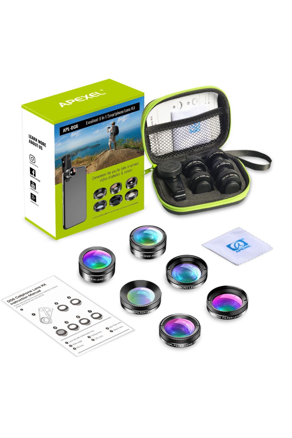 APEXEL-Universal 6 in 1 Phone Camera Lens Kit Fish Eye Lens Wide Angle macro Lens CPL/StarND32 Fi... 6