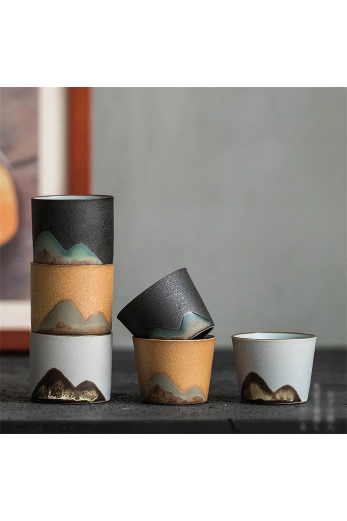 Choice-50ml/55ml Hand drawn mountain shape teacup Retro Ceramic Tea cup Kung Fu Tea Set Coffee Cup Small... 4