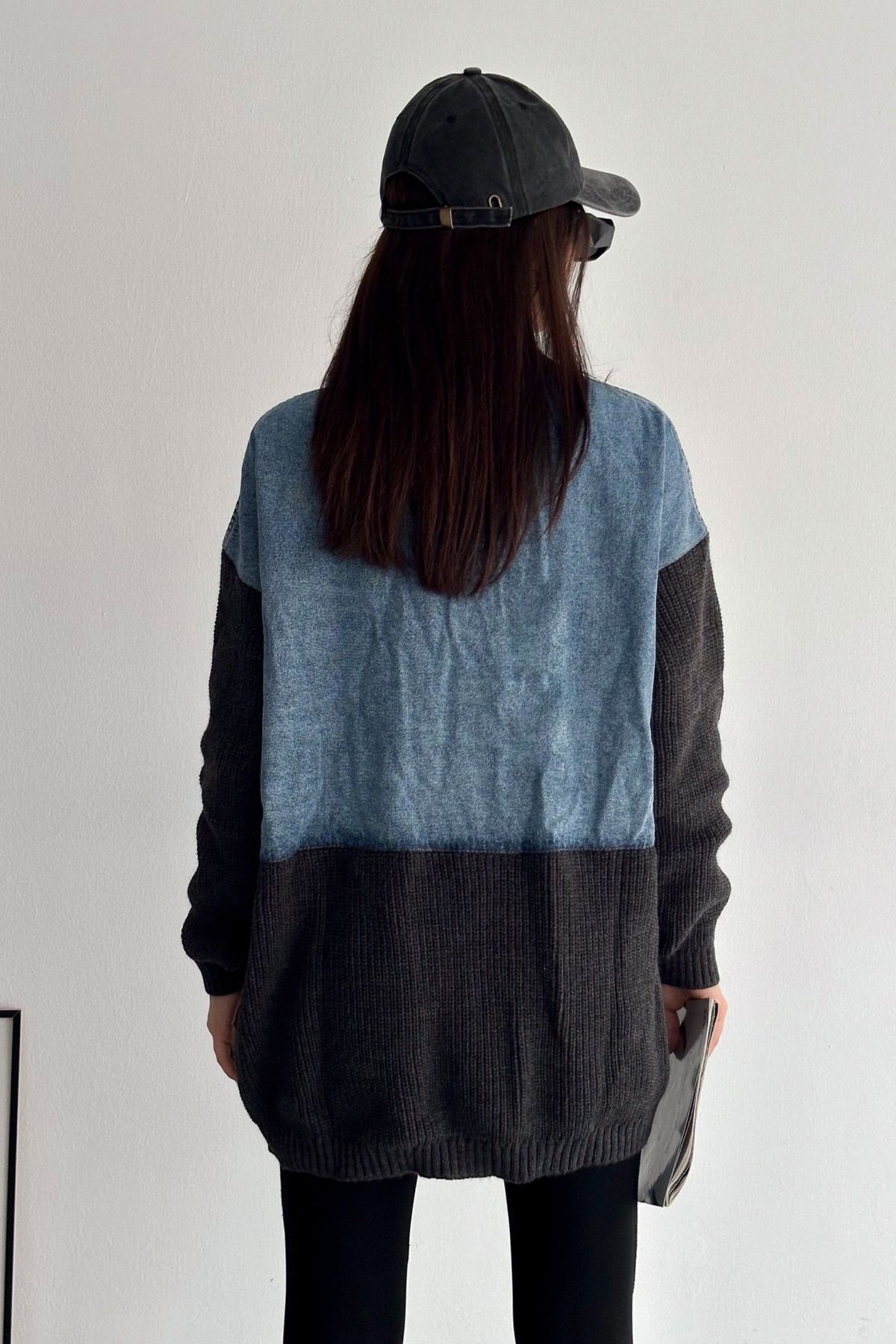 FURKAN EXCLUSIVE-Women's Anthracite Knitwear Detailed Design Denim Jacket 4
