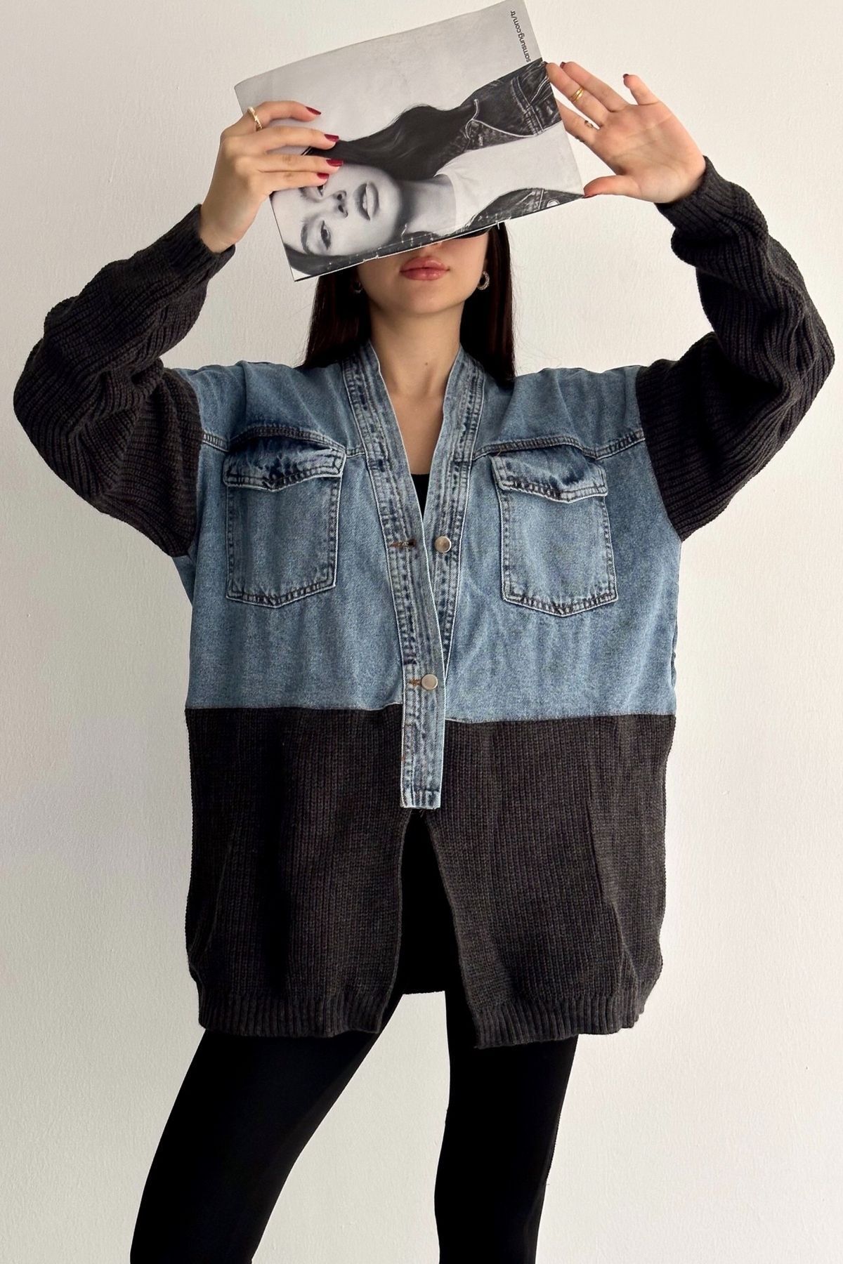FURKAN EXCLUSIVE-Women's Anthracite Knitwear Detailed Design Denim Jacket 5