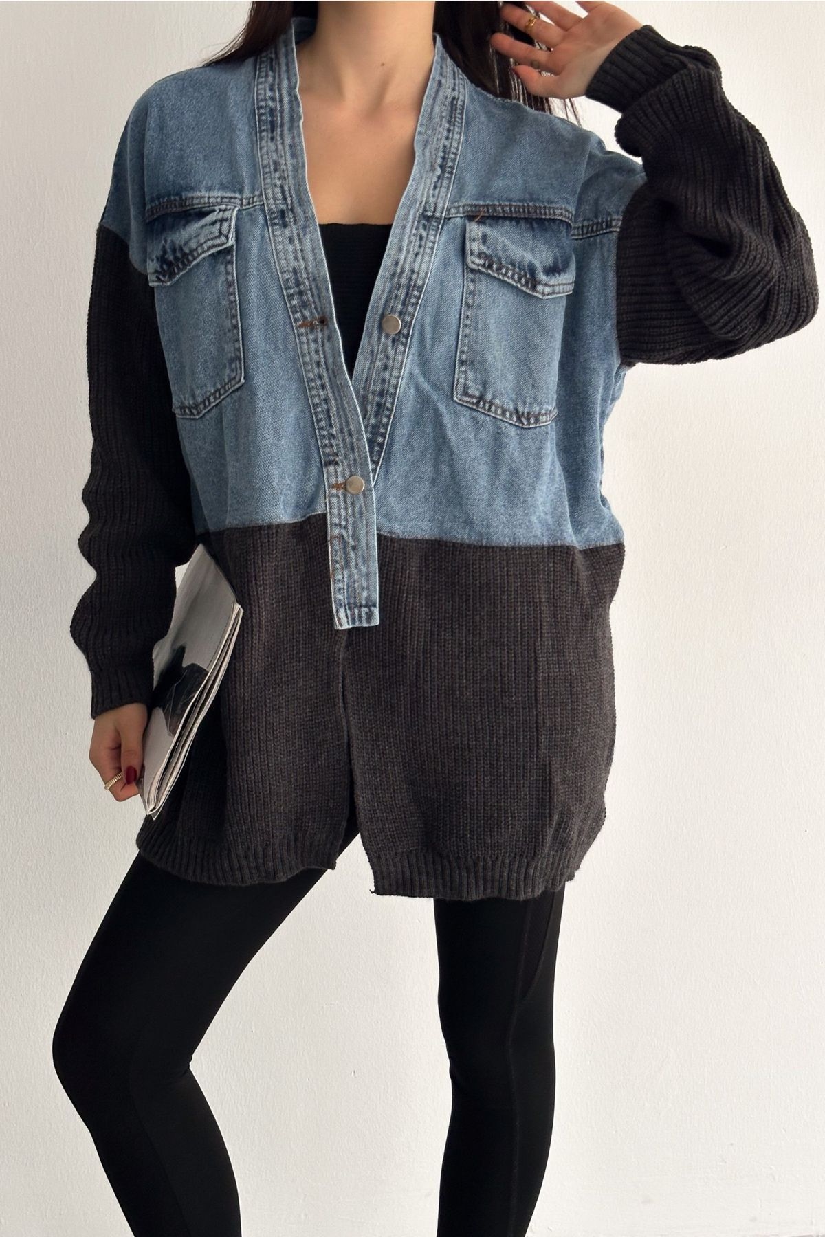 FURKAN EXCLUSIVE-Women's Anthracite Knitwear Detailed Design Denim Jacket 2