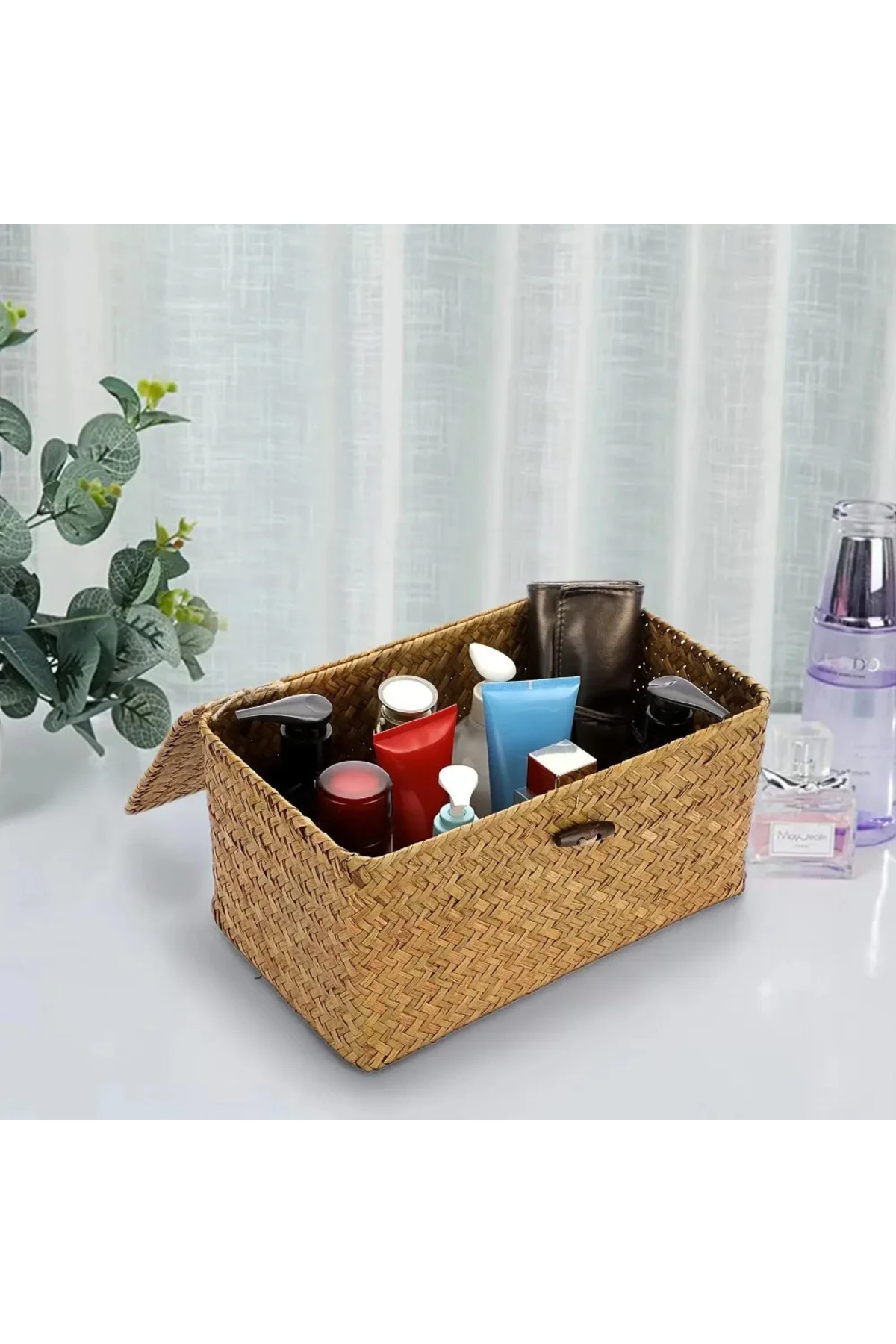 Choice-Handmade storage basket with lid, rectangular seaweed, rattan fabric, cosmetics, multi-purpose co... 5
