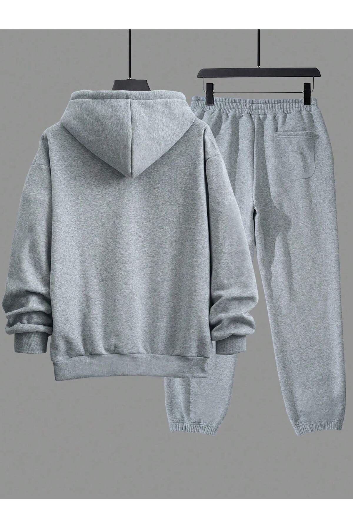 MODARİCH-Enjoy Gray Striped Sweatshirt and Jogger Tracksuit Set - Hooded 2