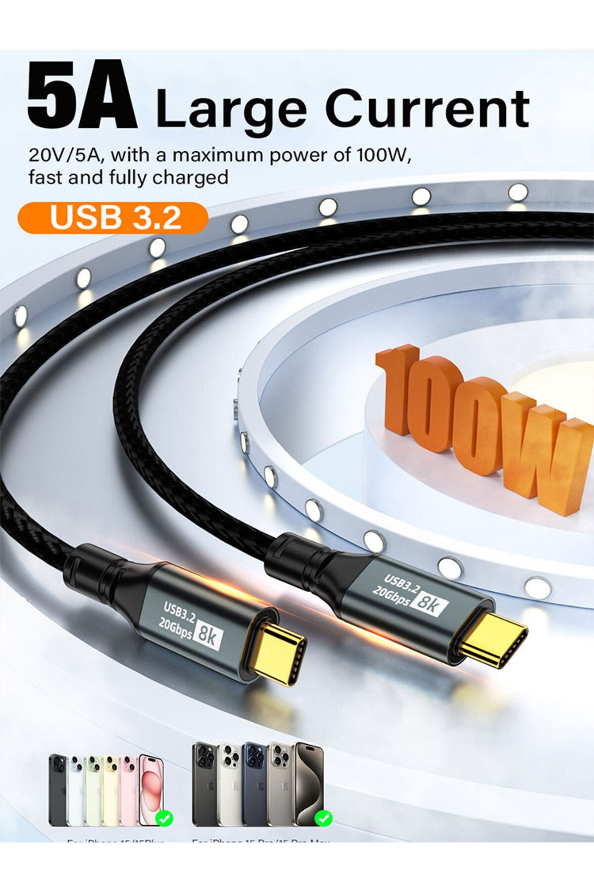 Nephy-PD100W USB 3.2 20Gbps ThunderBolt 3 Type C to Usb C Cable 8K@60Hz USB-C Cable Cord For iPhone 15 ... 8