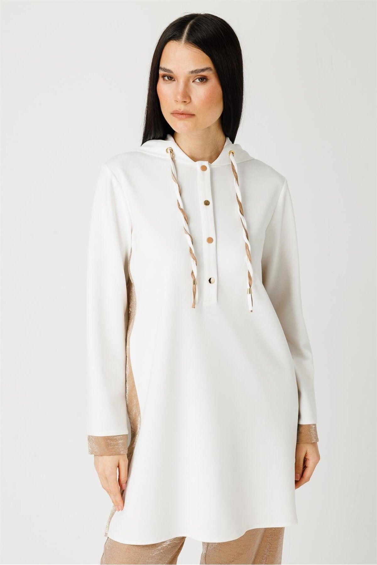 Esswaap-Ecru Tunic - Fabric Side Stripe Detail and Hoodie 4