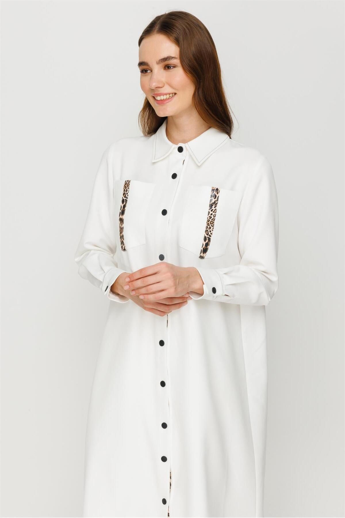 Esswaap-Leopard Stripe Detailed Snap Closure Tunic Ecru 5