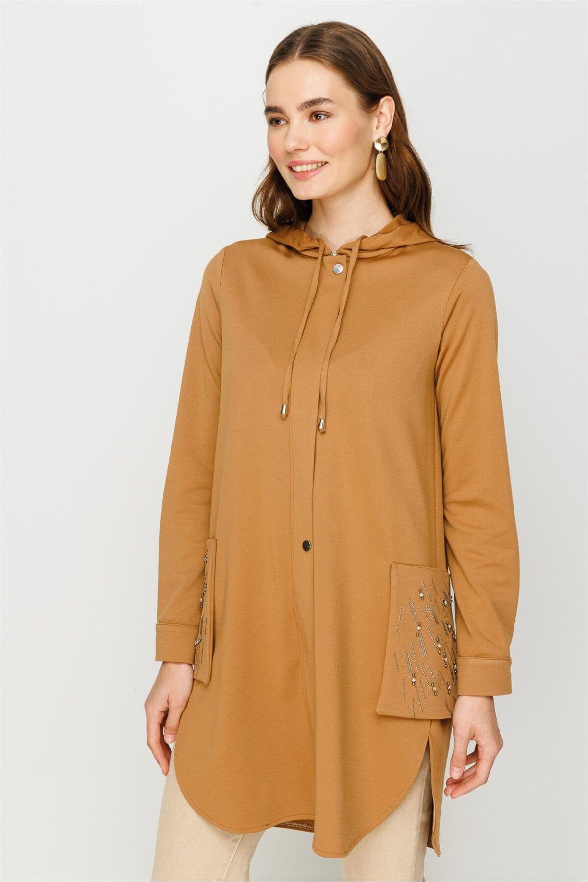 Esswaap-Go and Go Tunic Camel with Stone Embroidered Zipper Closure on Bag Pocket 8