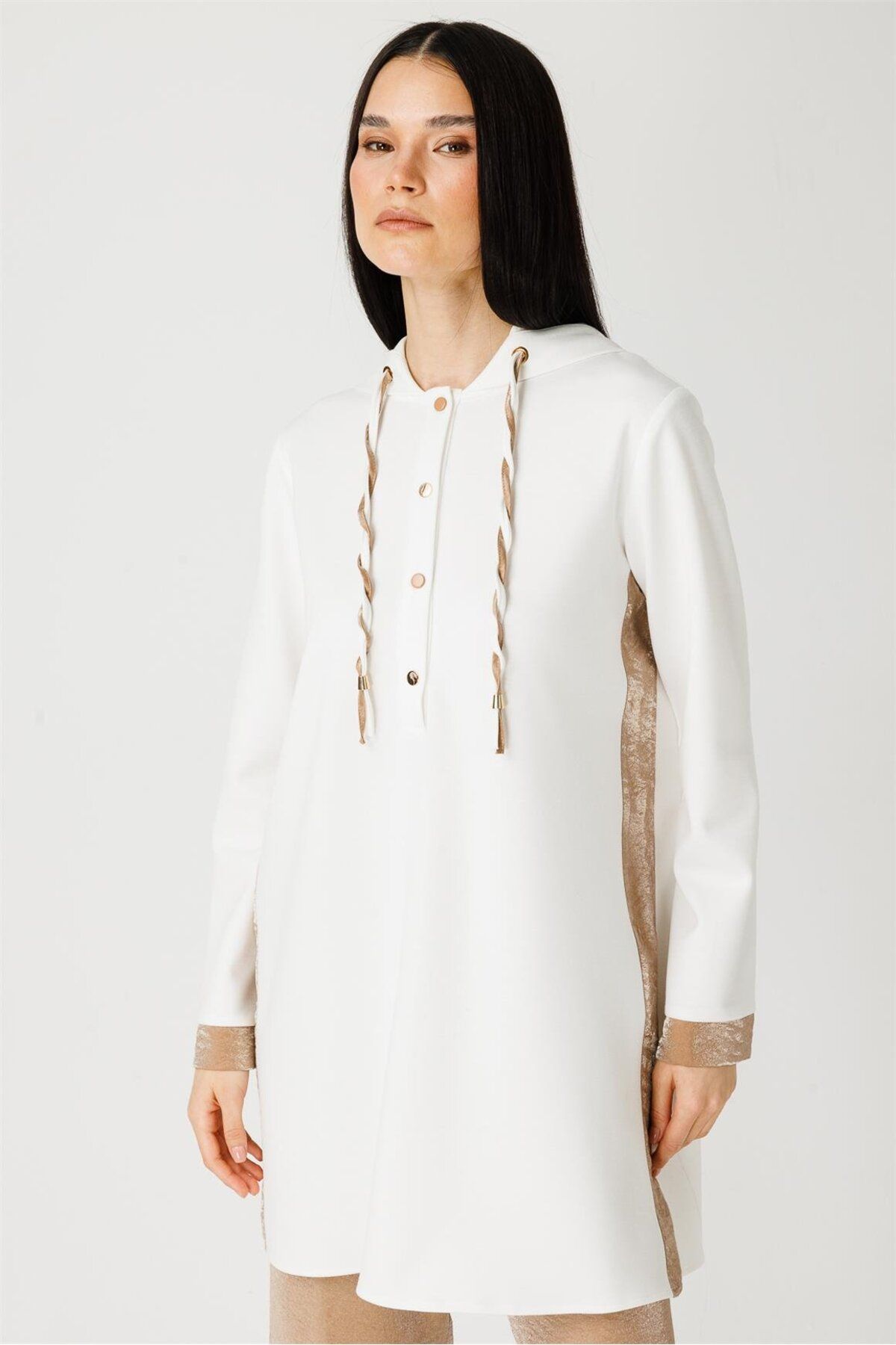 Esswaap-Ecru Tunic - Fabric Side Stripe Detail and Hoodie 5