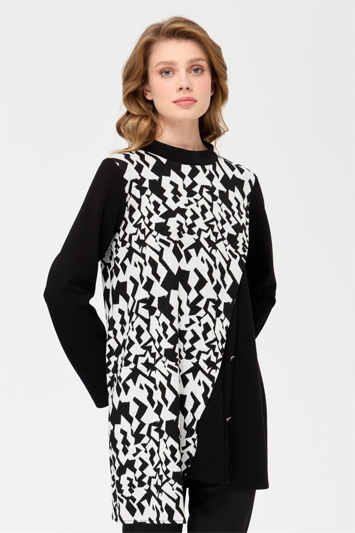 Esswaap-Geometric Pattern Combination Asymmetric Pattern Tunic Black 3