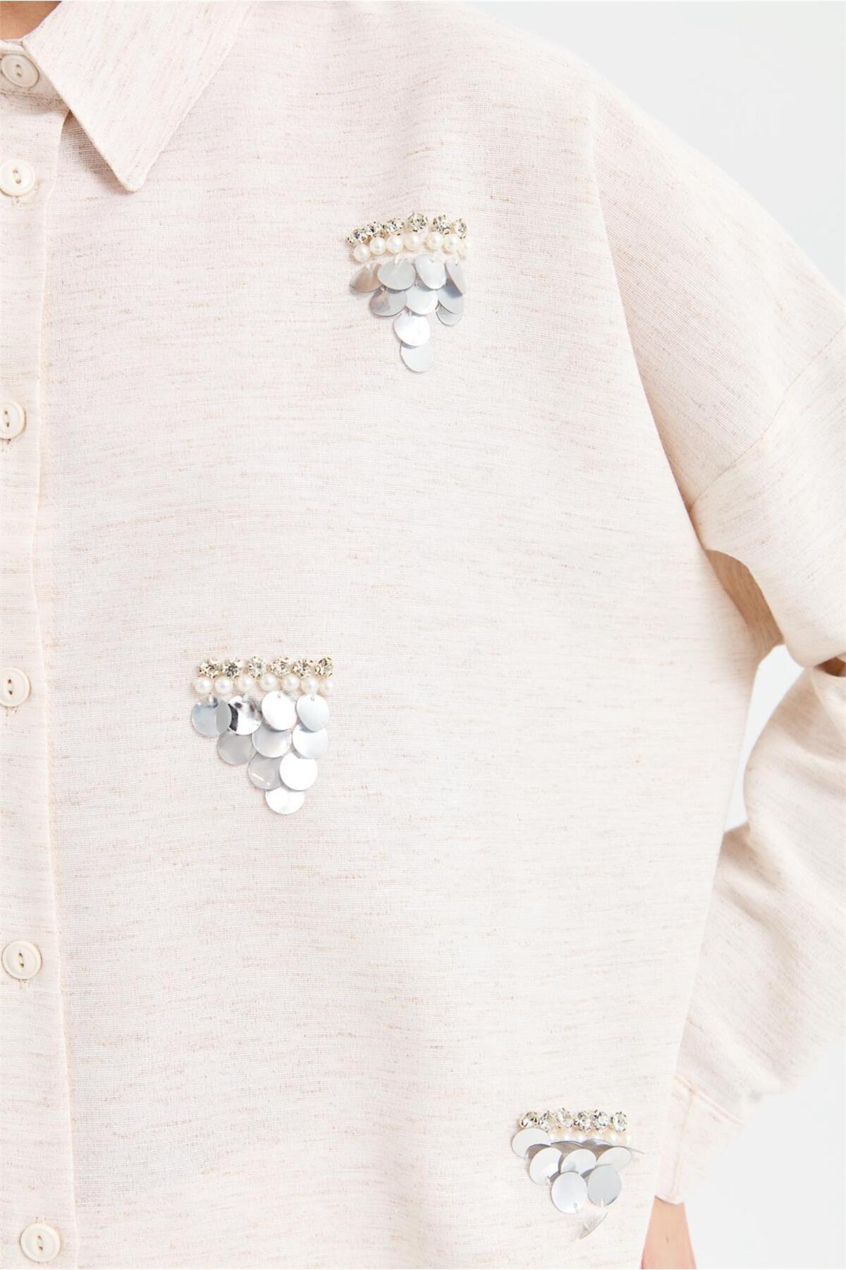 Esswaap-Beige Stone and Sequin Embroidered Shirt 5