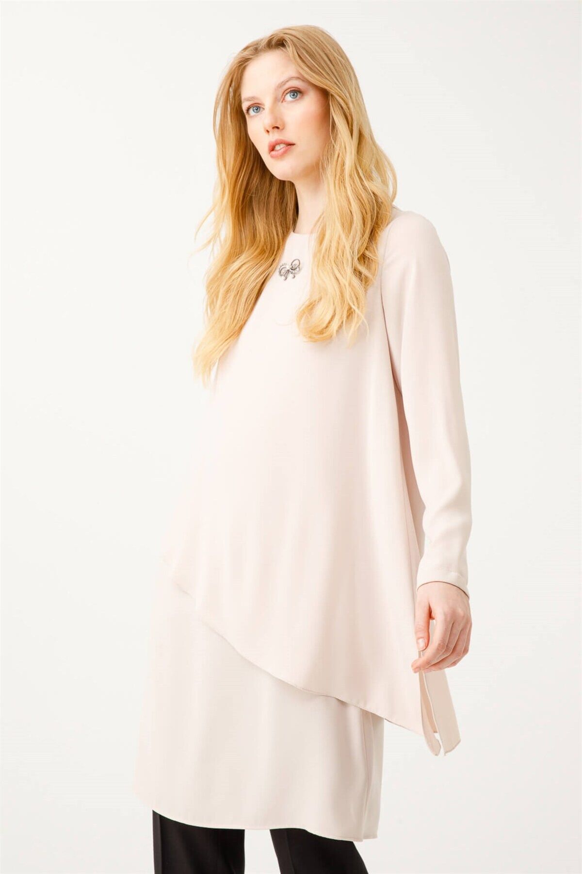 Esswaap-Two-Layer Flowing Tunic with Brooch on the Collar Stone 2