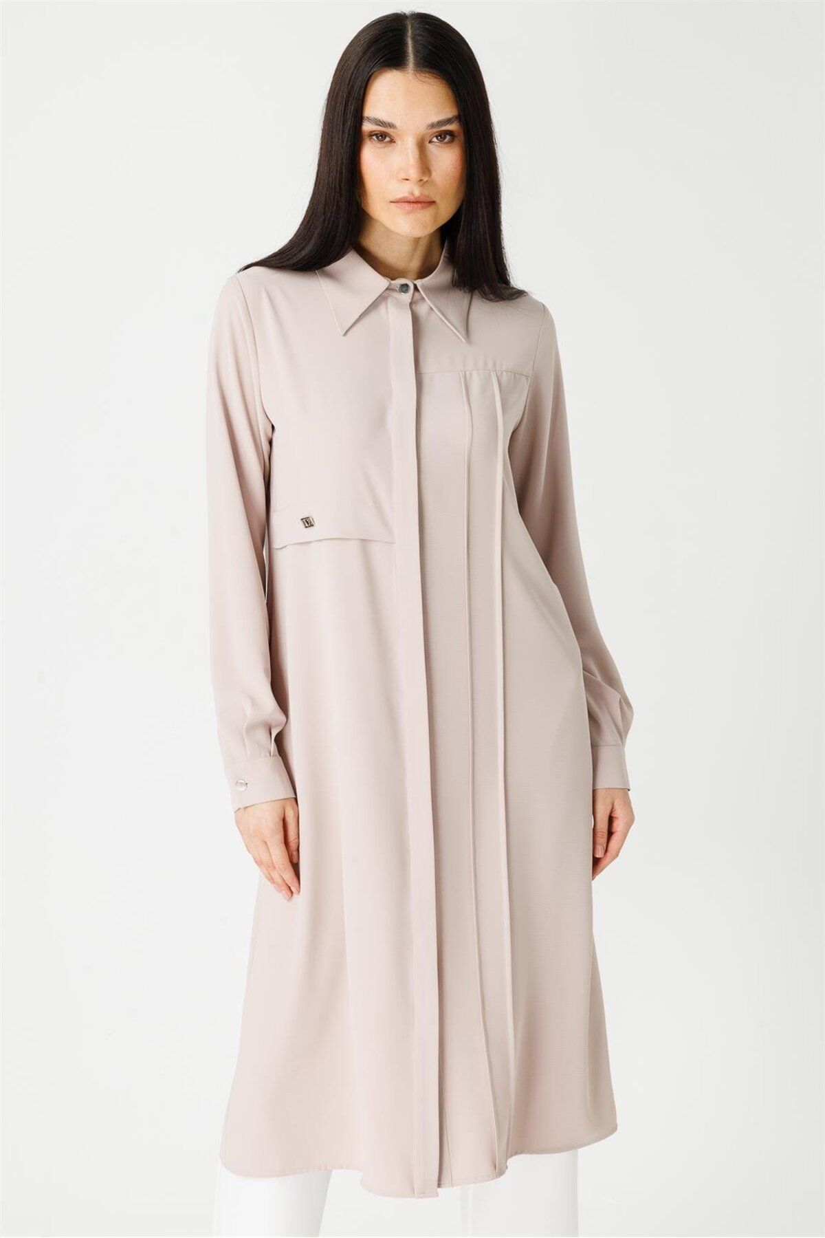 Esswaap-Stone Color Long Saviour Tunic - Stitching and Crest Detail 3