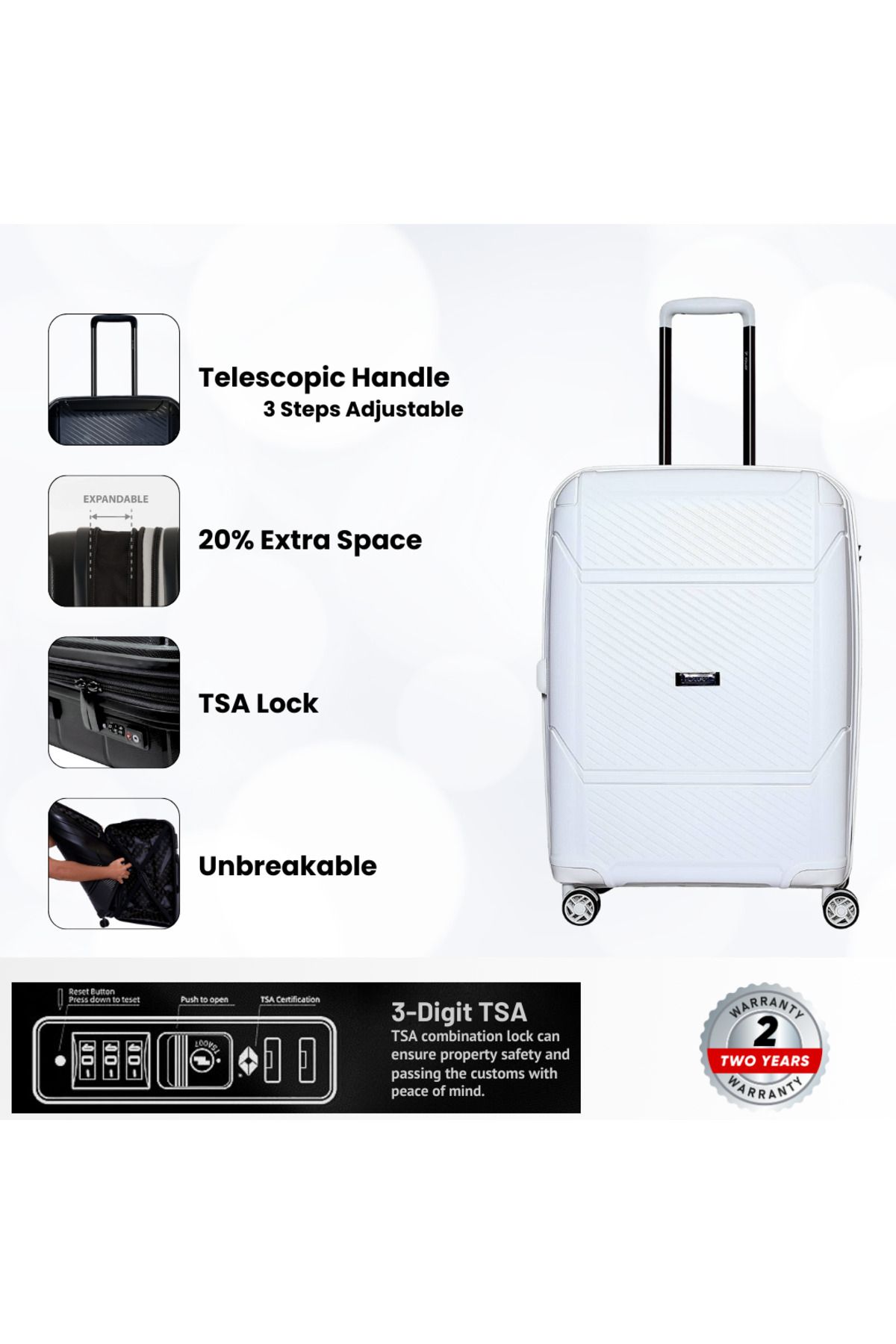 Rower-Hardshell PP TSA Suitcase,Unbreakable Expandable 4 Double Wheels,4Pcs Luggage Trolley Set WHT 2