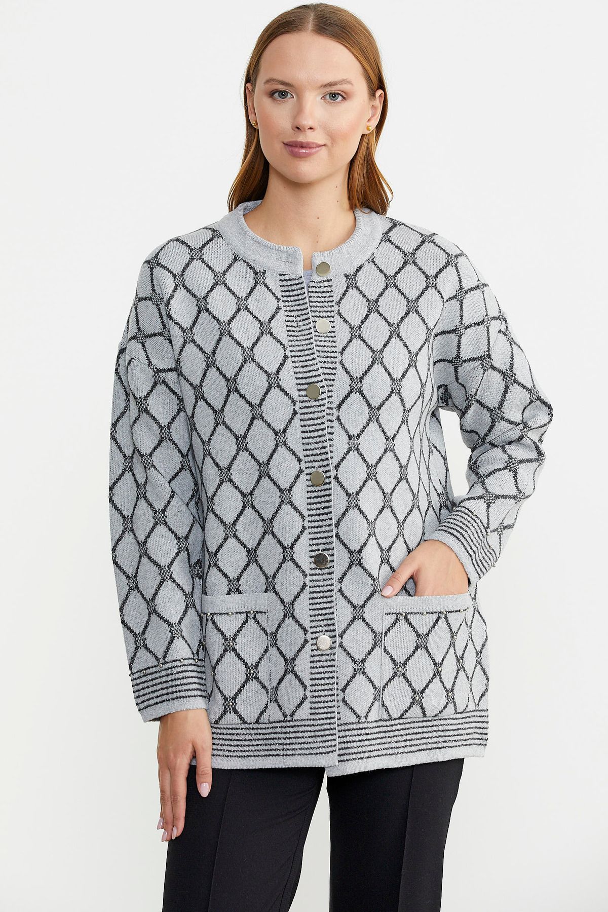 Sementa-Baklava Pattern Double Color Wool Knitwear Jacket - Gray 1