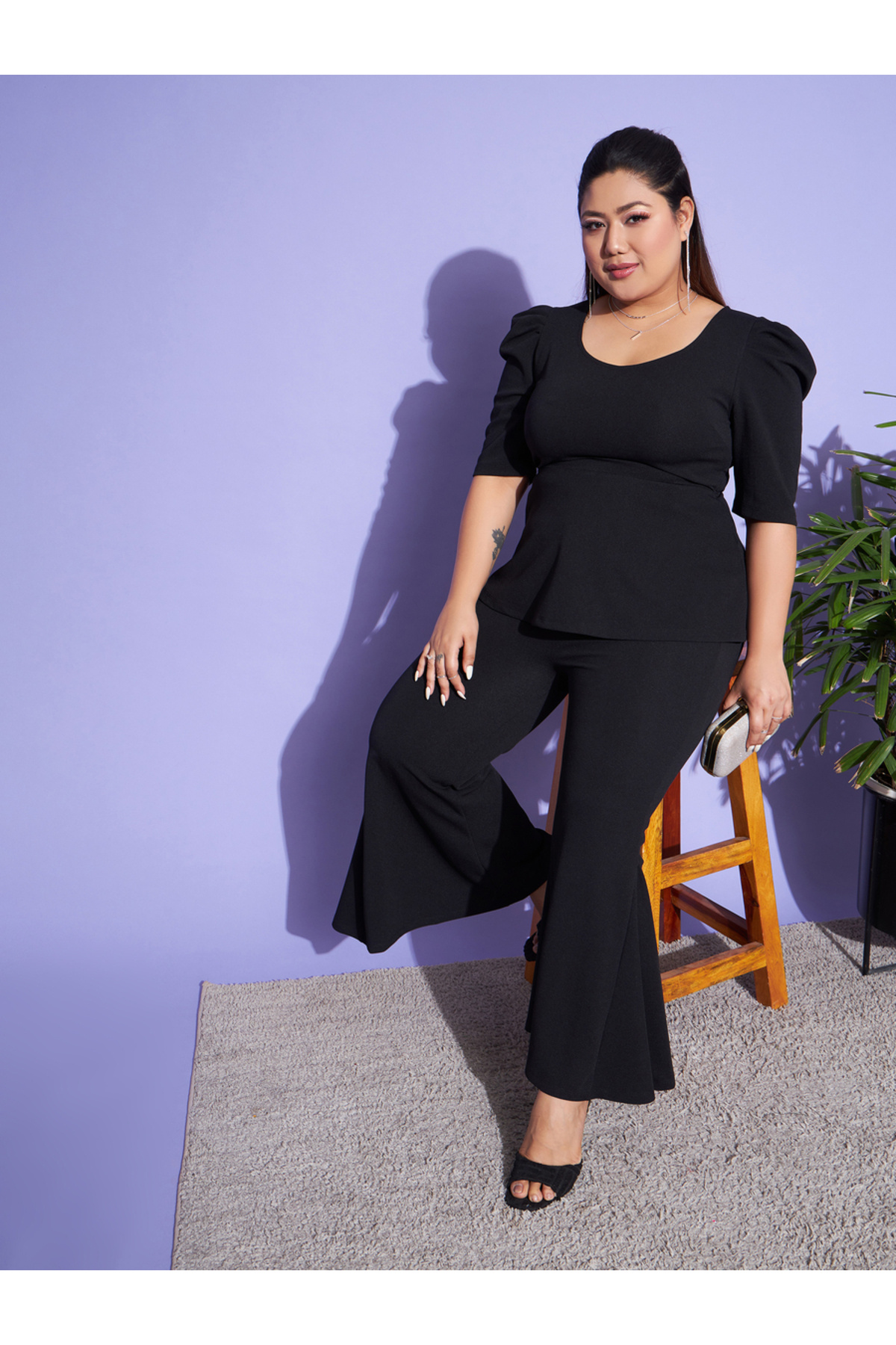 Sassafras By Styli-Plus Scoop Neck Peplum Top & Kick Pleats Pants Co-Ords 2