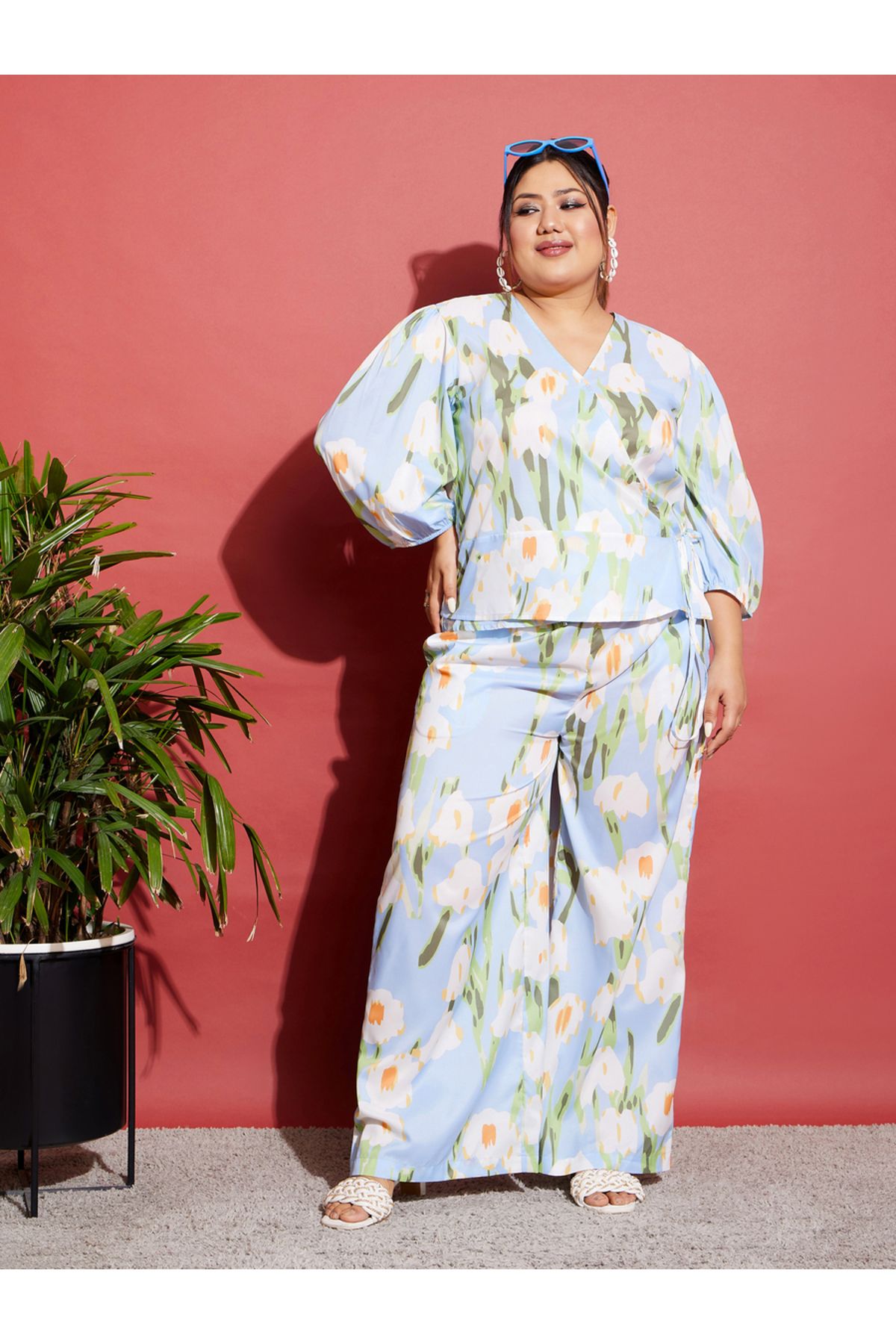 Sassafras By Styli-Plus Floral Wrap Top & Wide Leg Pants Co-Ords 2