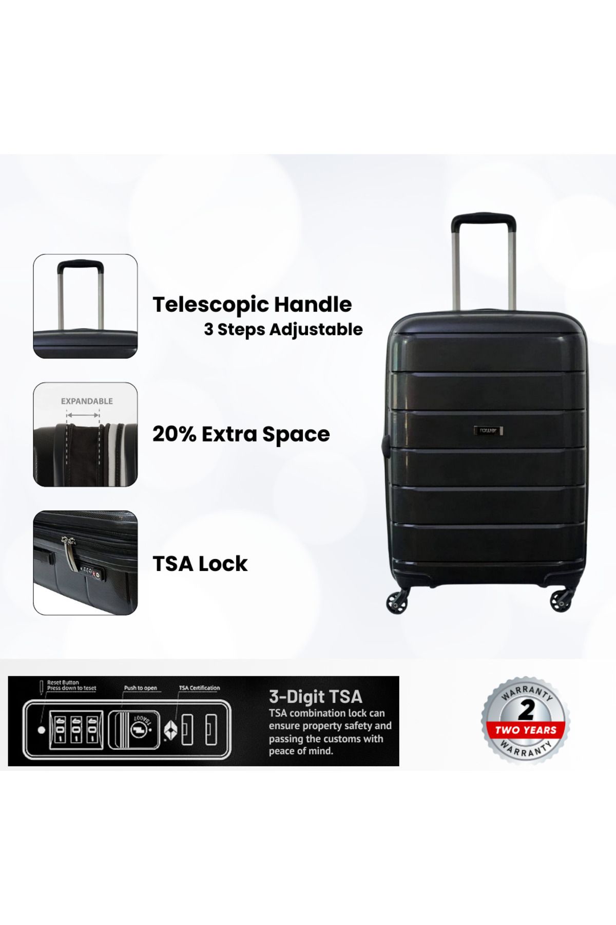 Rower-Hardcase PP TSA Suitcase,Unbreakable Expandable 4 Double Wheels,4Pcs Luggage Trolley Set BLK 2
