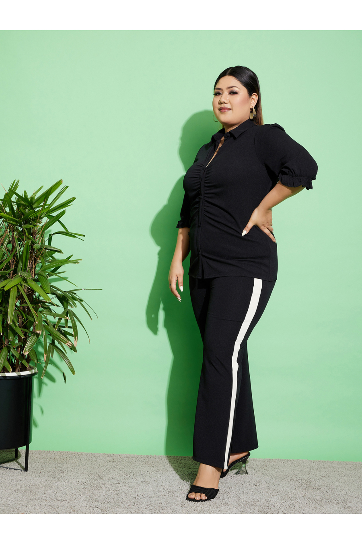 Sassafras By Styli-Plus Ruched Front Shirt & Flared Pants Co-Ords 3