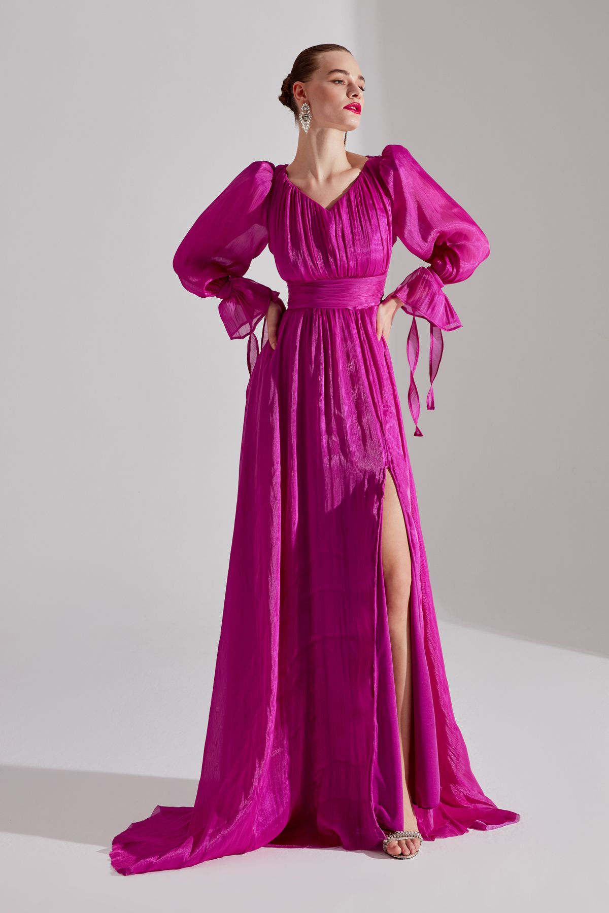 BETTY & SAM-Fuchsia V-Neck Slit Evening Dress - ANIKA 2