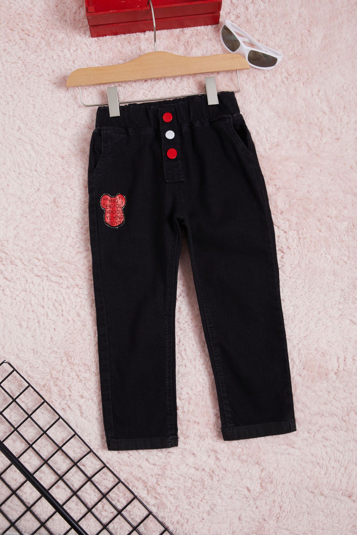 Cansın Mini-Girl's Black Elastic Waist Colored Buttoned Jean Trousers 16262 1