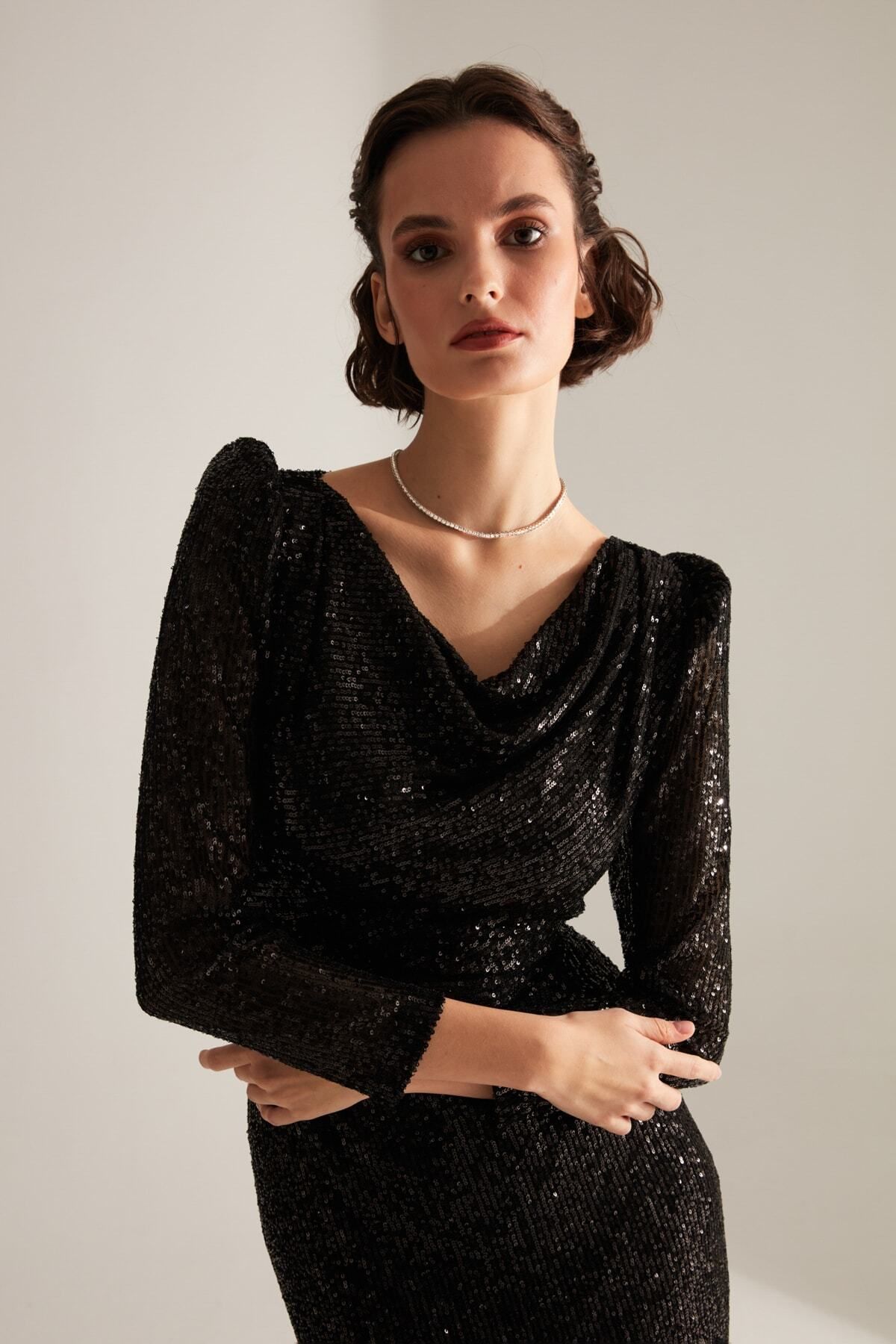 BETTY & SAM-Plunging Neckline Pencil Skirt Black Glitter Sequin Engagement Dress 2