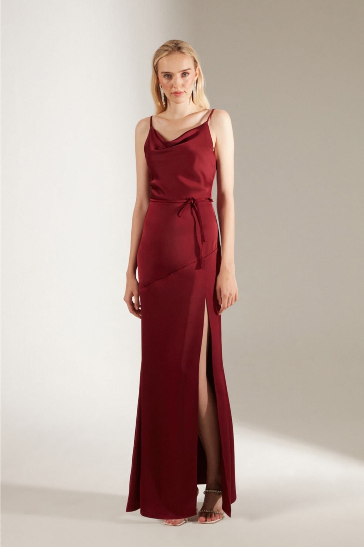 BETTY & SAM-Plunging Neck Dark Red Satin Dress 5